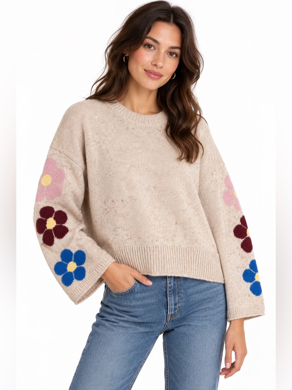 Madewell Belmore Floral Sleeve Merino Wool Sweater Heather Sand S